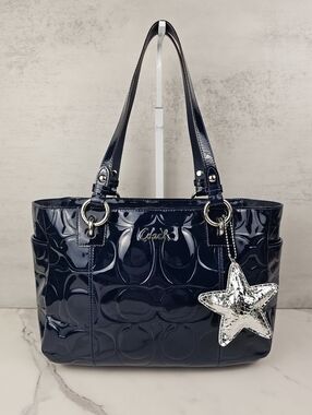 Coach Navy Blue Embossed Patent Leather Shoulder Bag